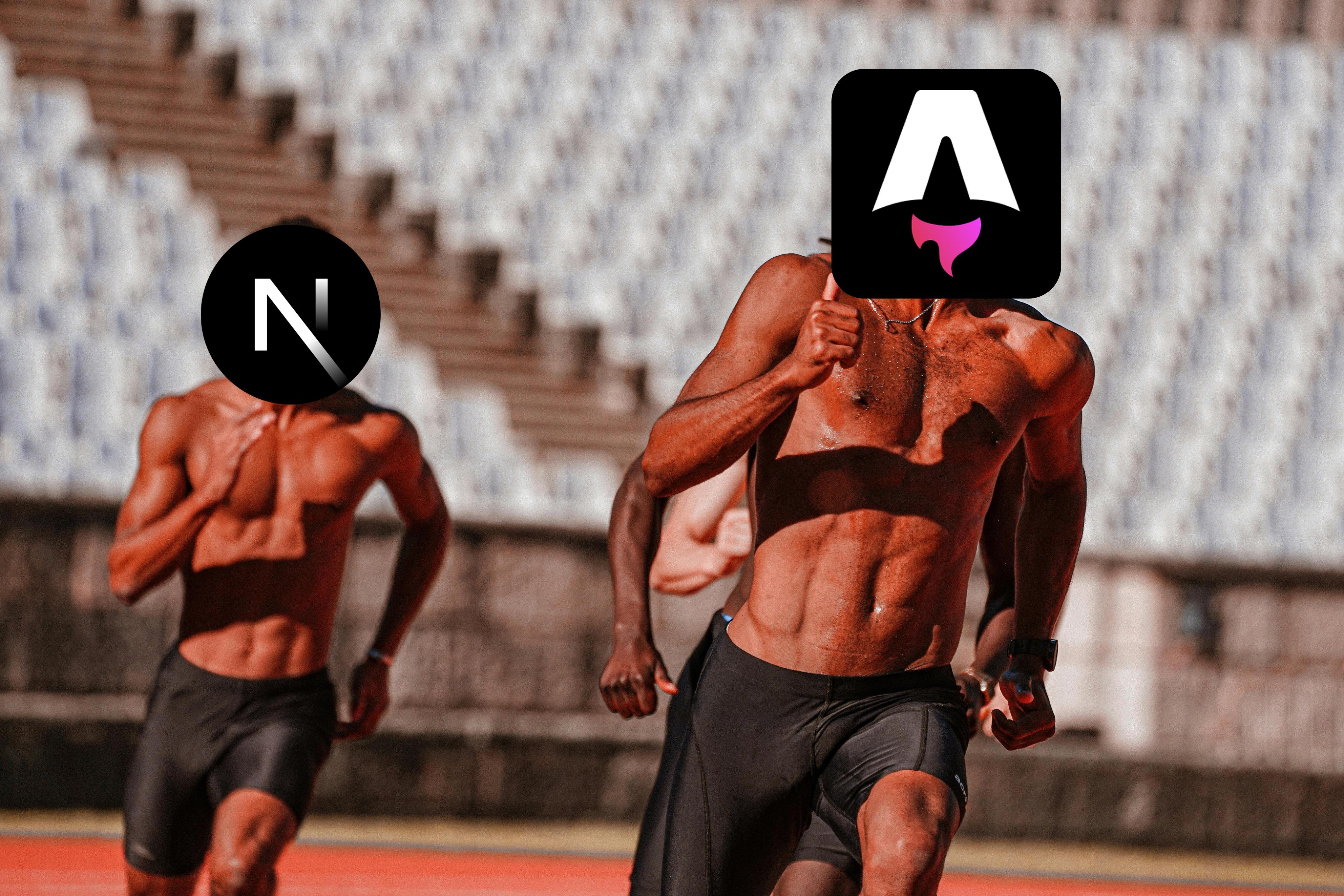 Two sprinters racing one labeled "Astro" clearly in the lead, the other labeled "Next.js" struggling to keep up — symbolizing performance and simplicity advantages.